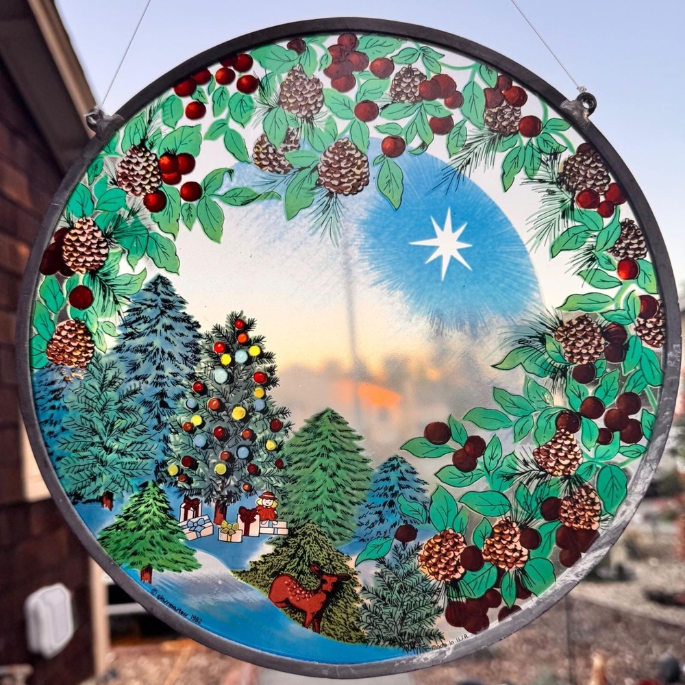 Vintage 1982 Glassmasters Stained Glass Suncatcher Christmas Forest Deer 12"